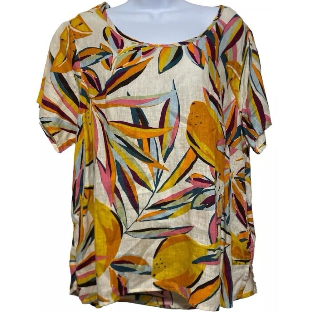 Tahari 100% Linen Top Women Size 1X Tropical Print Short Sleeve Beachy Coastal